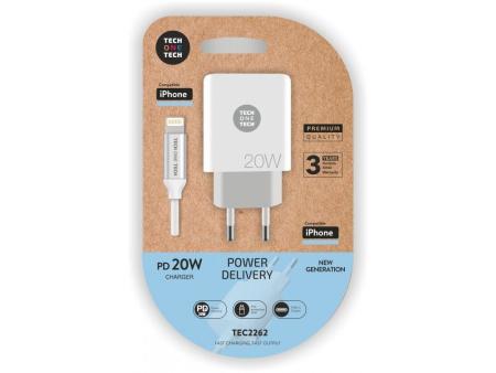 Cargador de Pared Tech One Tech TEC2262/ 1xUSB Tipo-C + Cable Lightning/ 3A/ Blanco