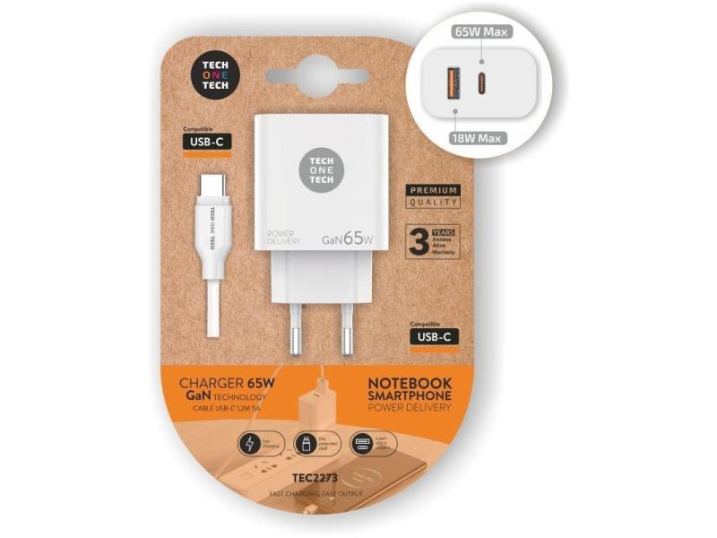 Cargador Gan de Pared Tech One Tech GaN PD TEC2273 / 1xUSB Tipo-C/ 1x USB/ 65W