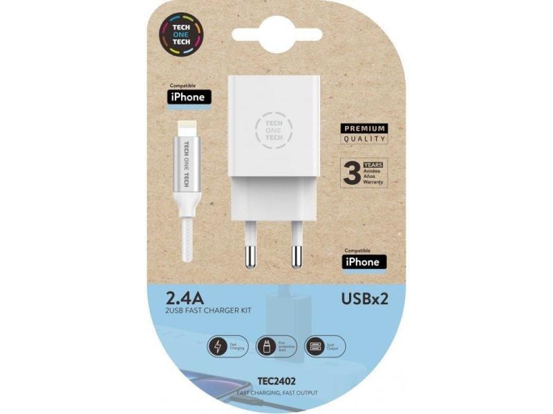 Cargador de Pared Tech One Tech TEC2402/ 2xUSB + Cable Lightning/ 2.4A/ Blanco