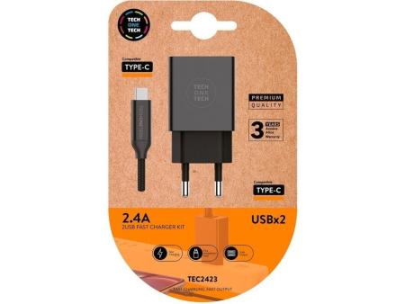 Cargador de Pared Tech One Tech TEC2423/ 2xUSB + Cable USB Tipo-C/ 2.4A/ Negro