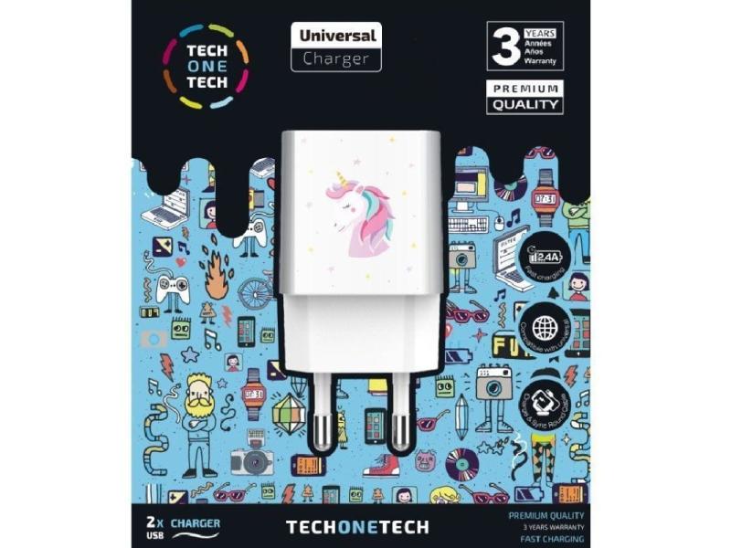 Cargador de Pared Tech One Tech Unicornio Dream/ 2xUSB/ 2.4A/ Blanco