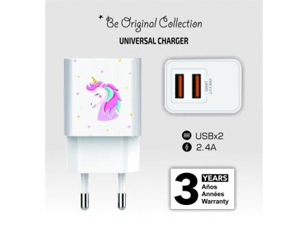 Cargador de Pared Tech One Tech Unicornio Dream/ 2xUSB/ 2.4A/ Blanco