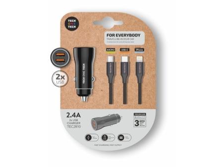 Cargador de Coche Tech One Tech TEC2810/ 2xUSB + Cable 3 en 1/ 2.4A