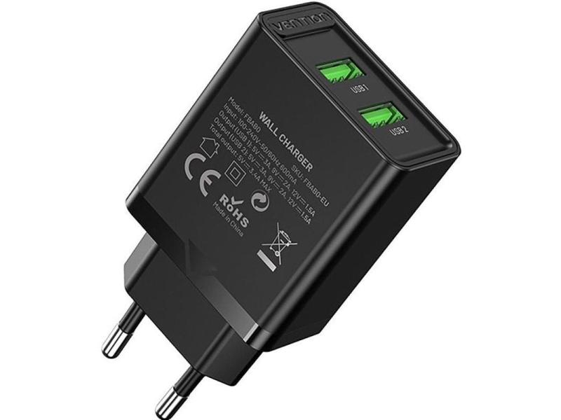 Cargador de Pared Vention FBAB0-EU/ 2xUSB/ 18W/ Negro