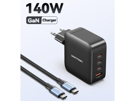 Cargador Gan de Pared Vention FEIB0-EU/ 3xUSB Tipo-C + Cable USB Tipo-C/ 1xUSB/ 140W