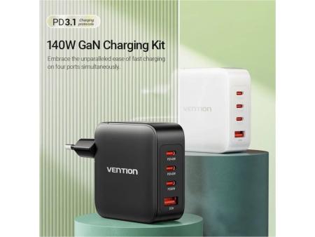 Cargador Gan de Pared Vention FEIW0-EU/ 3xUSB Tipo-C + Cable USB Tipo-C/ 1xUSB/ 140W