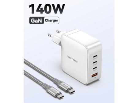 Cargador Gan de Pared Vention FEIW0-EU/ 3xUSB Tipo-C + Cable USB Tipo-C/ 1xUSB/ 140W