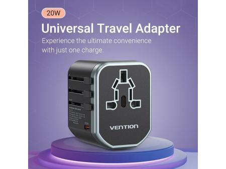 Cargador de Pared Universal Vention FJCB0/ Toma de Corriente Universal/ 1xUSB Tipo-C/ 2xUSB/ 20W