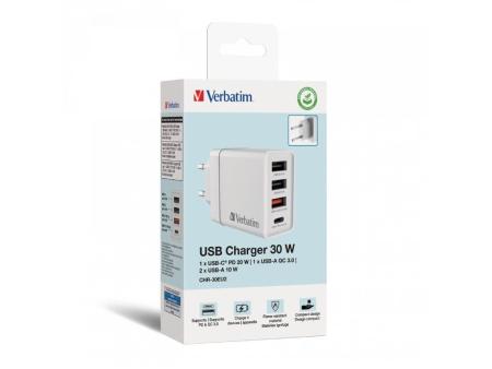 Cargador de Pared Verbatim CHR-30EU2/ 1xUSB Tipo-C/ 3xUSB/ 30W