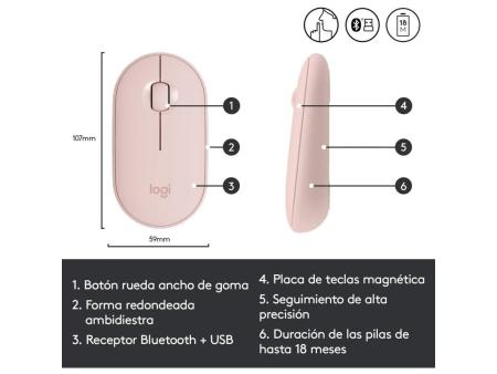 Ratón Inalámbrico por Bluetooth/ 2.4GHz Logitech Pebble M350/ Hasta 1000 DPI/ Rosa