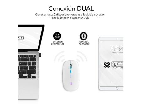 Ratón Inalámbrico por Bluetooth Subblim LED Dual Flat/ Batería recargable/ Hasta 1600 DPI/ Blanco