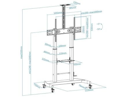 Soporte de Pie Inclinable/Nivelable con Ruedas TooQ FS20404HM-B para TV de 60-100'/ hasta 100kg