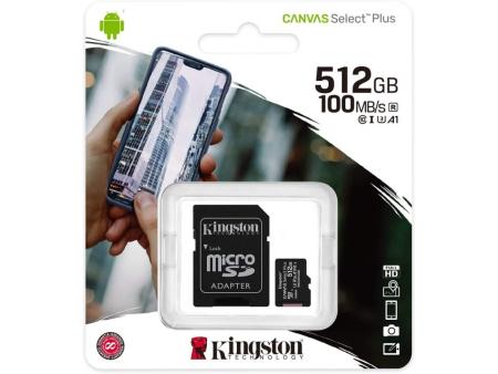 Tarjeta de Memoria Kingston CANVAS Select Plus 512GB microSD XC con Adaptador/ Clase 10/ 100MBs