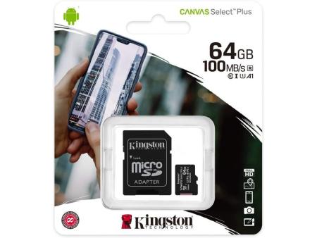 Tarjeta de Memoria Kingston CANVAS Select Plus 64GB microSD XC con Adaptador/ Clase 10/ 100MBs