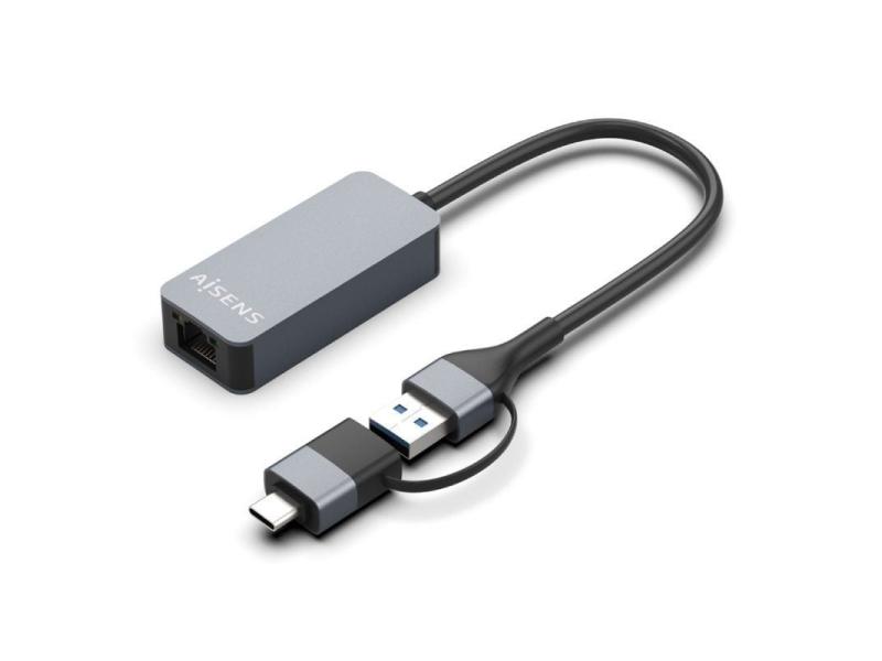 Adaptador USB 3.2 Gen1 Aisens A109-0710/ USB Macho - USB Tipo-C Macho - RJ45 Hembra/ 2500Mbps/ 15cm/ Gris