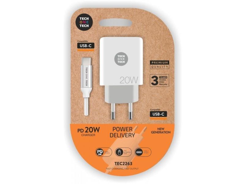 Cargador de Pared Tech One Tech TEC2263/ 1xUSB Tipo-C + Cable USB Tipo-C/ 3A/ Blanco