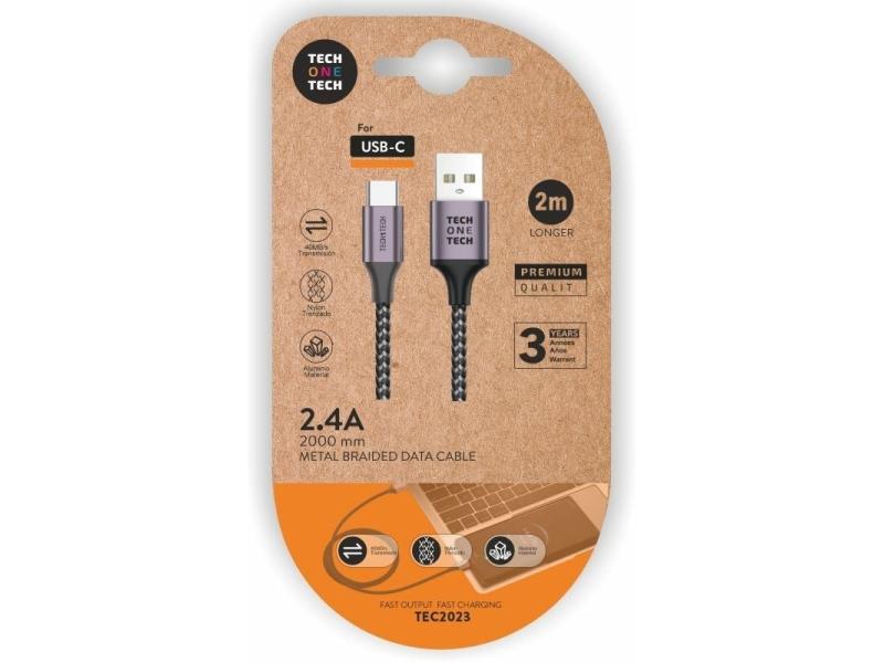 Cable USB 2.0 Tech One Tech TEC2023/ USB Tipo-C Macho - USB Macho/ 2m/ Gris