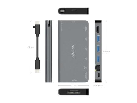 Docking USB Tipo-C Aisens ASUC-8P015-GR/ 1xHDMI/ 3xUSB/ 1xRJ45/ 1xLector Tarjetas / 1xUSB Tipo-C/ Gris