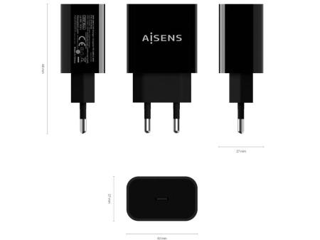 Cargador de Pared Aisens A110-0538/ 1xUSB Tipo-C PD3.0/ 20W/ Negro