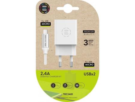 Cargador de Pared Tech One Tech TEC2401/ 2xUSB + Cable Micro USB/ 2.4A/ Blanco