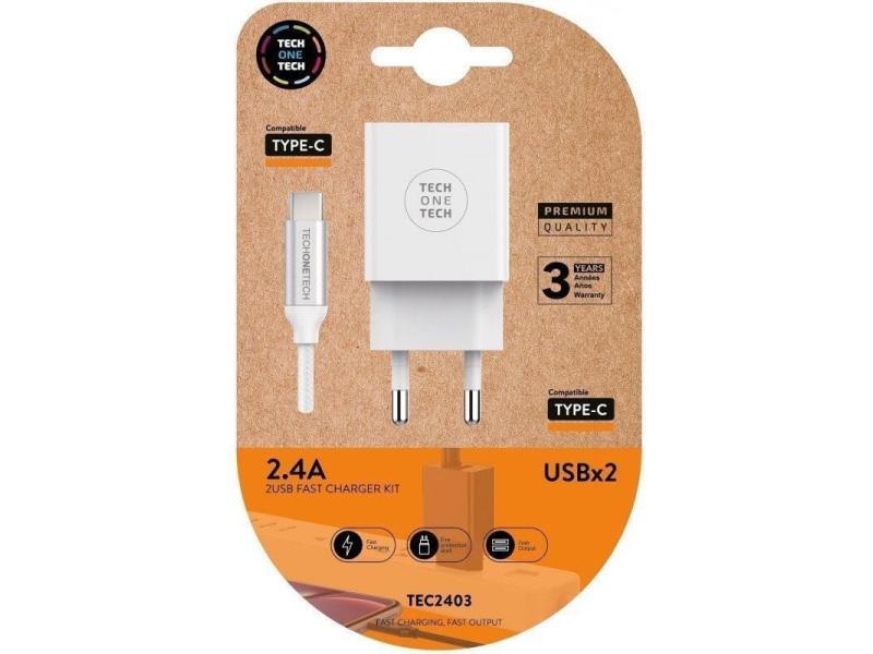 Cargador de Pared Tech One Tech TEC2403/ 2xUSB + Cable USB Tipo-C/ 2.4A/ Blanco