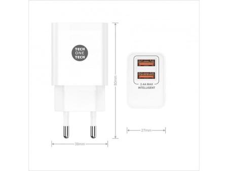 Cargador de Pared Tech One Tech TEC2403/ 2xUSB + Cable USB Tipo-C/ 2.4A/ Blanco