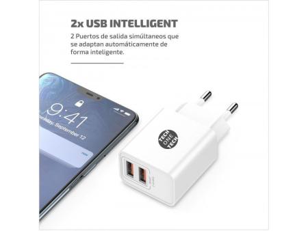 Cargador de Pared Tech One Tech TEC2403/ 2xUSB + Cable USB Tipo-C/ 2.4A/ Blanco