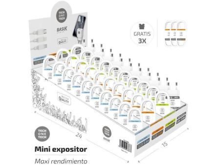 Expositor de Cargadores y Cables Tech One Tech Basik TEC2990/ Incluye 30 Cables / 10 Cargadores /  Regalo 3 Cables USB Tipo-C