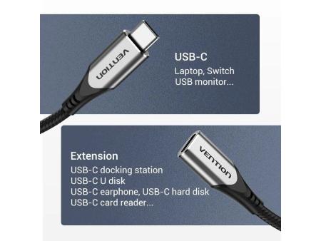 Cable Alargador USB 3.1 Tipo-C Vention TABHF/ USB Tipo-C Macho - USB Tipo-C Hembra/ Hasta 60W/ 5Gbps/ 1m/ Gris