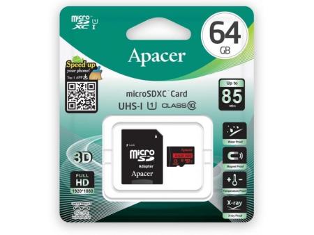 Tarjeta de Memoria Apacer 64GB XC UHS 1 con Adaptador/ Clase 10/ 85MBs