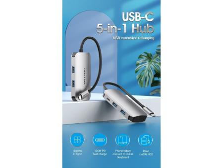 Hub USB Tipo-C Vention TNBHB/ 4xUSB/ 1xUSB Tipo-C PD