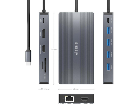 Docking USB Tipo-C Aisens ASUC-12P017-GR/ 2xHDMI/ 4xUSB/ 1xUSB Tipo-C/ 1xRJ45/ 1xDisplayPort/ 1xLector Tarjetas/ 1xUSB Tipo-C PD