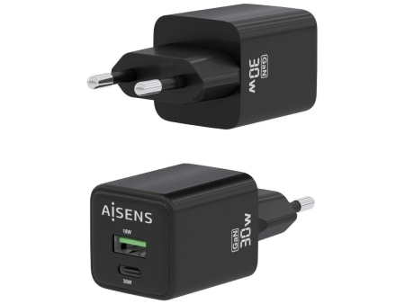 Cargador Gan de Pared Aisens ASCH-30W2P038-BK/ 1xUSB Tipo-C/ 1xUSB/ 30W