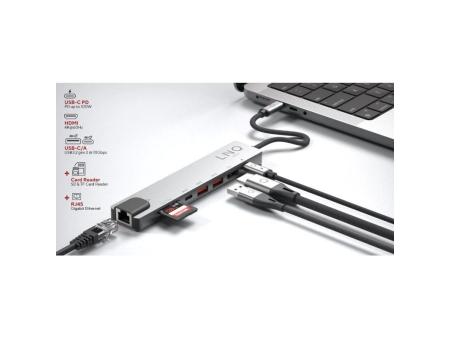 Docking USB Tipo-C Linq LQ48010/ 1xUSB Tipo-C/ 2xUSB/ 1xHDMI 4K/ 1xRJ45/ 1xLector Tarjetas SD y Micro/ 1xUSB Tipo-C PD/ Gris