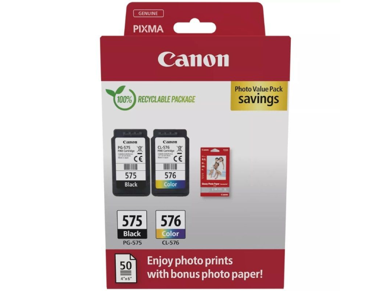 Cartucho de Tinta Original Canon PG-575 + CL-576 Multipack/ Negro/ Tricolor + Papel Fotográfico