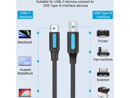 Cable USB 2.0 Impresora Vention CQUBG/ USB Tipo-B Macho - USB Tipo-C Macho/ 480Mbps/ 1.5m/ Negro