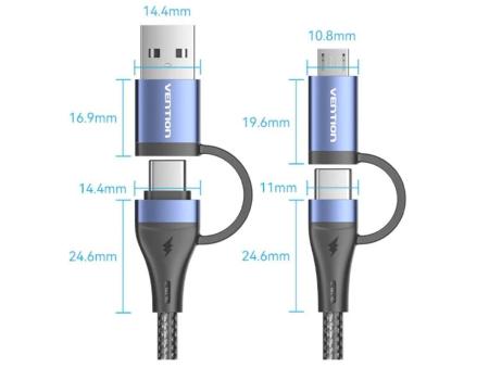 Cable USB 2.0 Tipo-C Vention CTLLF/ USB Tipo-C Macho - USB Macho/ MicroUSB Macho - USB Tipo-C Macho/ Hasta 100W/ 480Mbps/ 1m/ Ne