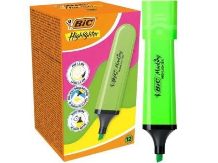 Caja de Marcadores Fluorescentes Bic Highlighter Flat Neón/ 12 unidades/ Verdes