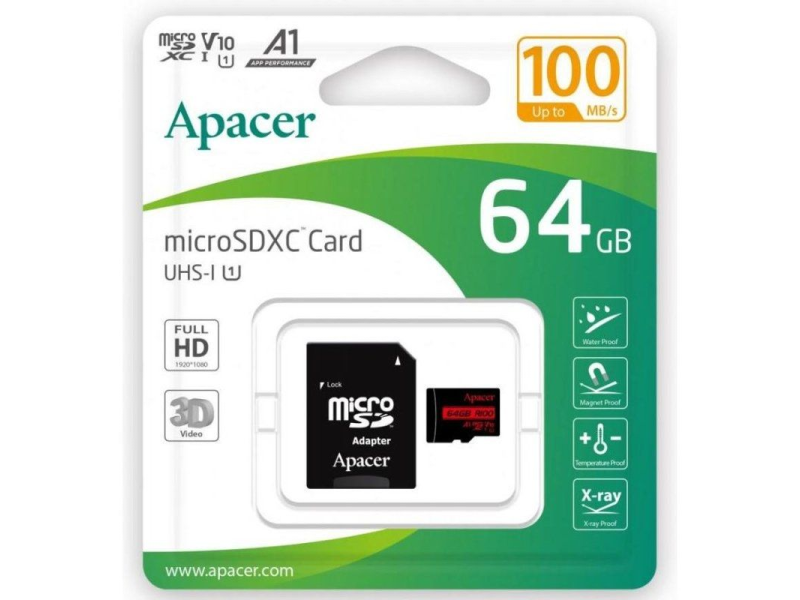 Tarjeta de Memoria Apacer 64GB XC UHS 1 con Adaptador/ Clase 10/ 100MBs