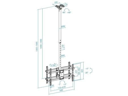 Soporte de Techo Giratorio/ Inclinable/ Nivelable TooQ LPCE2286TSLI-XL-B para 2 TV de 43-86'/ hasta 100kg