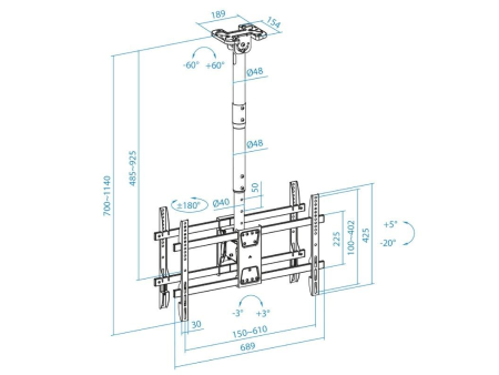 Soporte de Techo Giratorio/ Inclinable/ Nivelable TooQ LPCE2286TSLI-B para 2 TV de 43-86'/ hasta 100kg