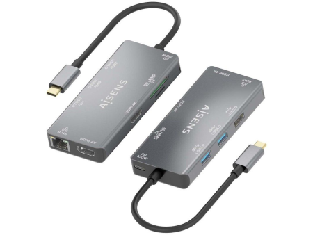 Docking USB Tipo-C Aisens ASUC-9P018-GR/ 2xHDMI/ 3xUSB/ 1xRJ45/ 1xLector Tarjetas/ 1xUSB Tipo-C PD/ Gris