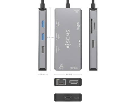 Docking USB Tipo-C Aisens ASUC-9P018-GR/ 2xHDMI/ 3xUSB/ 1xRJ45/ 1xLector Tarjetas/ 1xUSB Tipo-C PD/ Gris