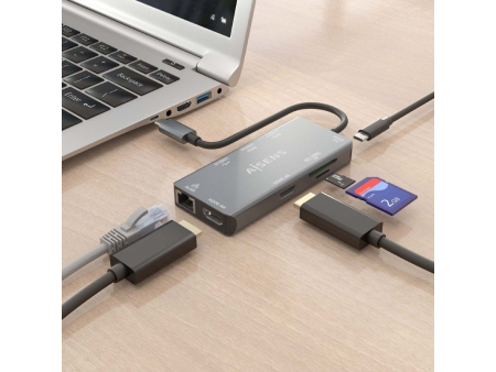 Docking USB Tipo-C Aisens ASUC-9P018-GR/ 2xHDMI/ 3xUSB/ 1xRJ45/ 1xLector Tarjetas/ 1xUSB Tipo-C PD/ Gris