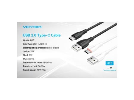 Cable USB Tipo-C Vention H25WF/ USB Tipo-C Macho - USB Macho/ 15W/ 480Mbps/ 1m/ Blanco