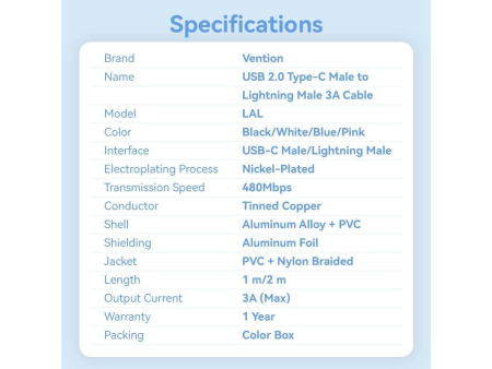 Cable USB Tipo-C Lightning Vention LALWH/ USB Tipo-C Macho - Lightning Macho/ 27W/ 480Mbps/ 2m/ Blanco