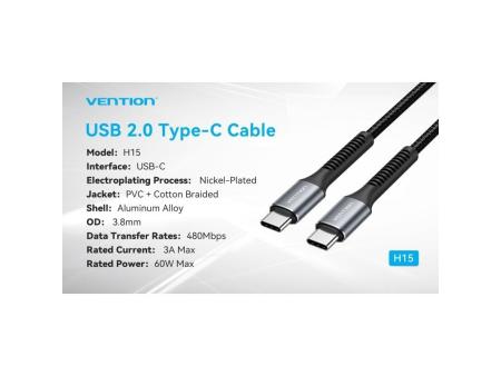 Cable USB Tipo-C Vention H15BF/ USB Tipo-C Macho - USB Tipo-C Macho/ 60W/ 480Mbps/ 1m/ Negro