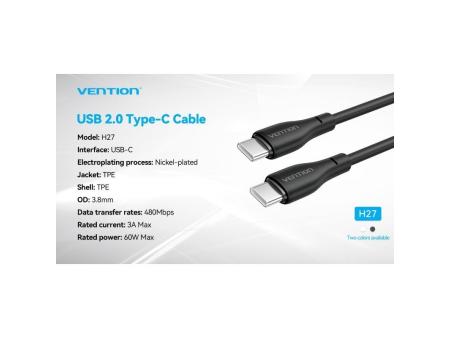 Cable USB Tipo-C Vention H27BF/ USB Tipo-C Macho - USB Tipo-C Macho/ 60W/ 480Mbps/ 1m/ Negro