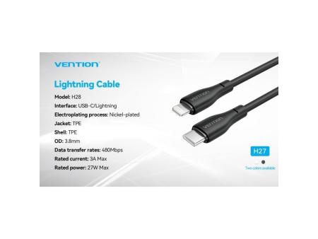 Cable USB Tipo-C Lightning Vention H28BF/ USB Tipo-C Macho - Lightning Macho/ 27W/ 480Mbps/ 1m/ Negro