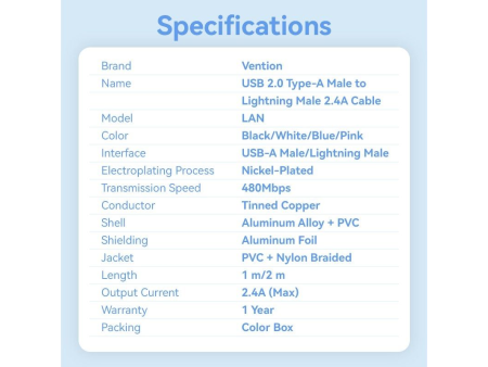 Cable USB Lightning Vention LANBH/ USB Macho - Lightning Macho/ 480Mbps/ 1m/ Rosa